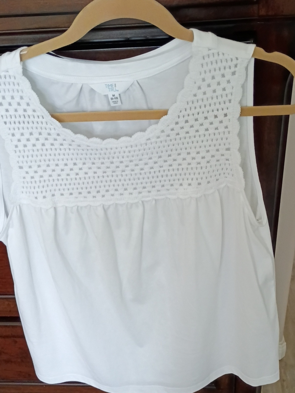 Time and Tru White Crochet Yoke Tank Top